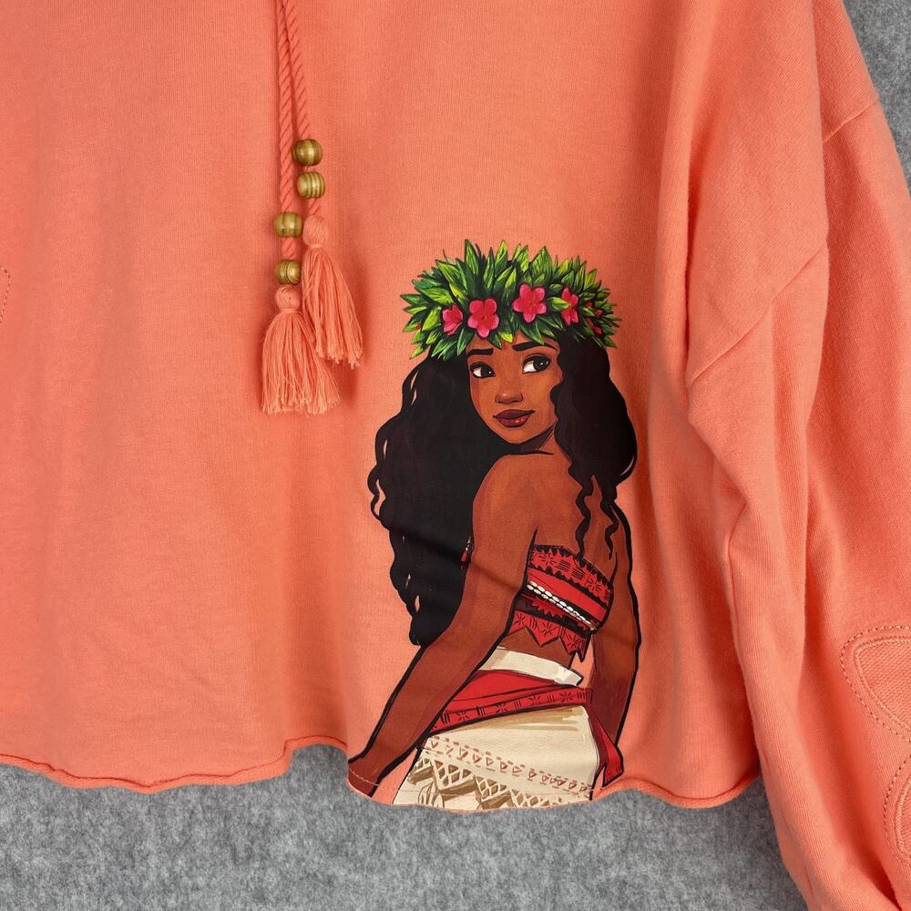 Disney Moana Sweatshirt Womens Large Orange Cropped Oversized Embroidered Tassel - Picture 3 of 13